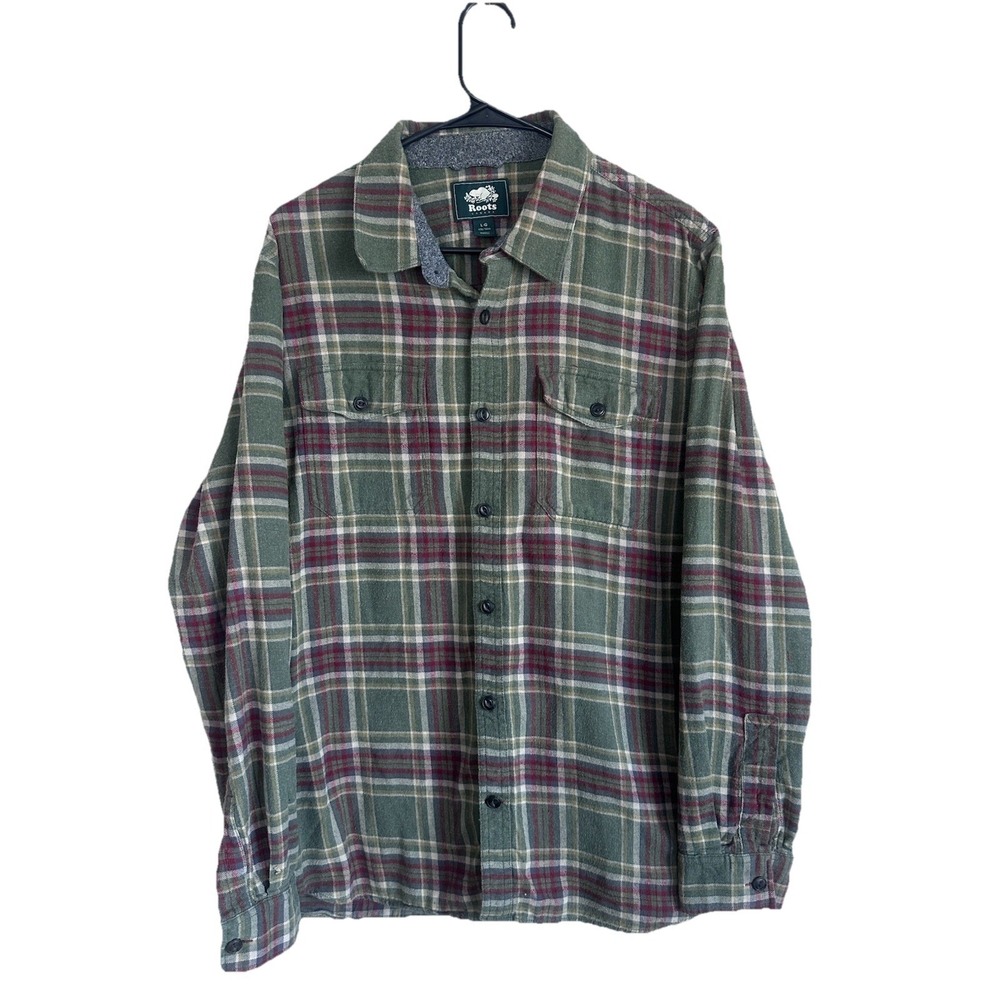 Roots Canada 100% Cotton Flannel Long Sleeve Shirt Large Green Plaid‎ Button Up